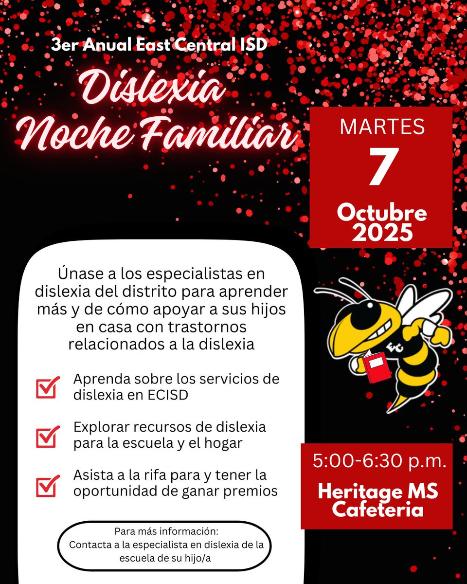 🌟 TOMORROW! 🌟
Dyslexia Family Night at Heritage Middle School

📅 Tue, Oct. 7 | 🕔 5–6:30 p.m.
🎉 Resources • Services • Specialists • Prizes

#ECProud #DyslexiaAwareness