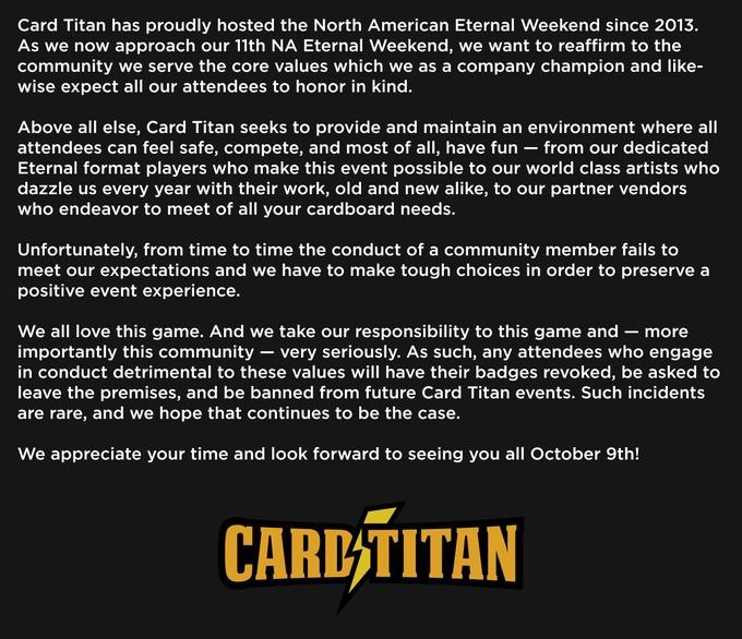 🚨 Card Titan — the company behind major Magic: The Gathering events — has BANNED former champion Joe Brennan after he reportedly wore a MAGA hat.

They claim Joe “failed to meet our expectations” and his behavior was “detrimental” to their values.