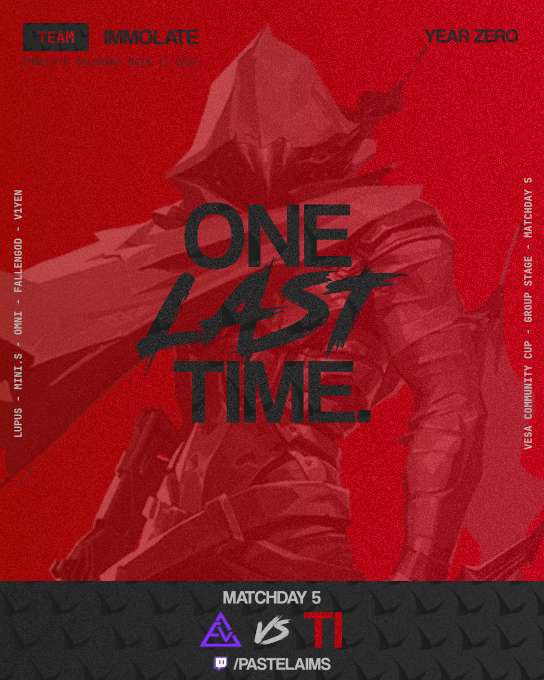 showmatch kinda series vs <a href="/Elevate_VAL/">Elevate eSports</a> #VESA #VALZA

Last chance saloon with the slimmest chances of making it out but even then the boys can play the ultimate spoiler.

🔗 twitch.tv/PASTELAIMS