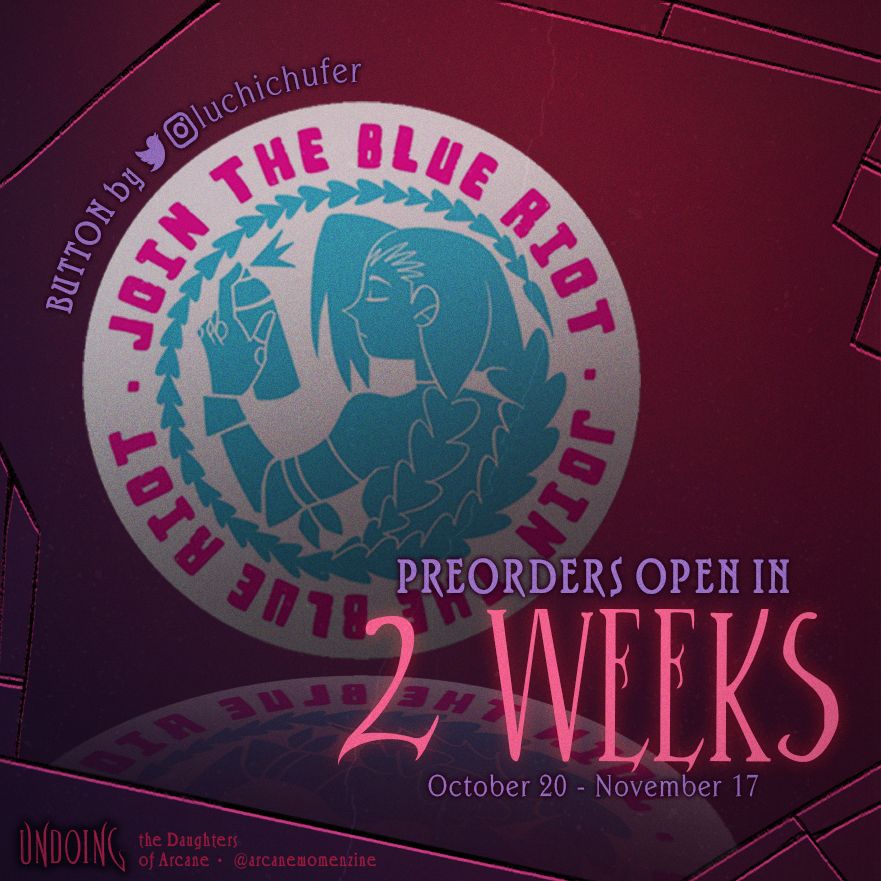 2 weeks until Preorders 🥀

Here's your invitation to join the Jinxers! Will you paint the town blue with <a href="/luchichufer/">Luchi 🍎 Gumiparty</a>'s button?

Preorders are coming October 20th! Mark your calendar to get your bundles!