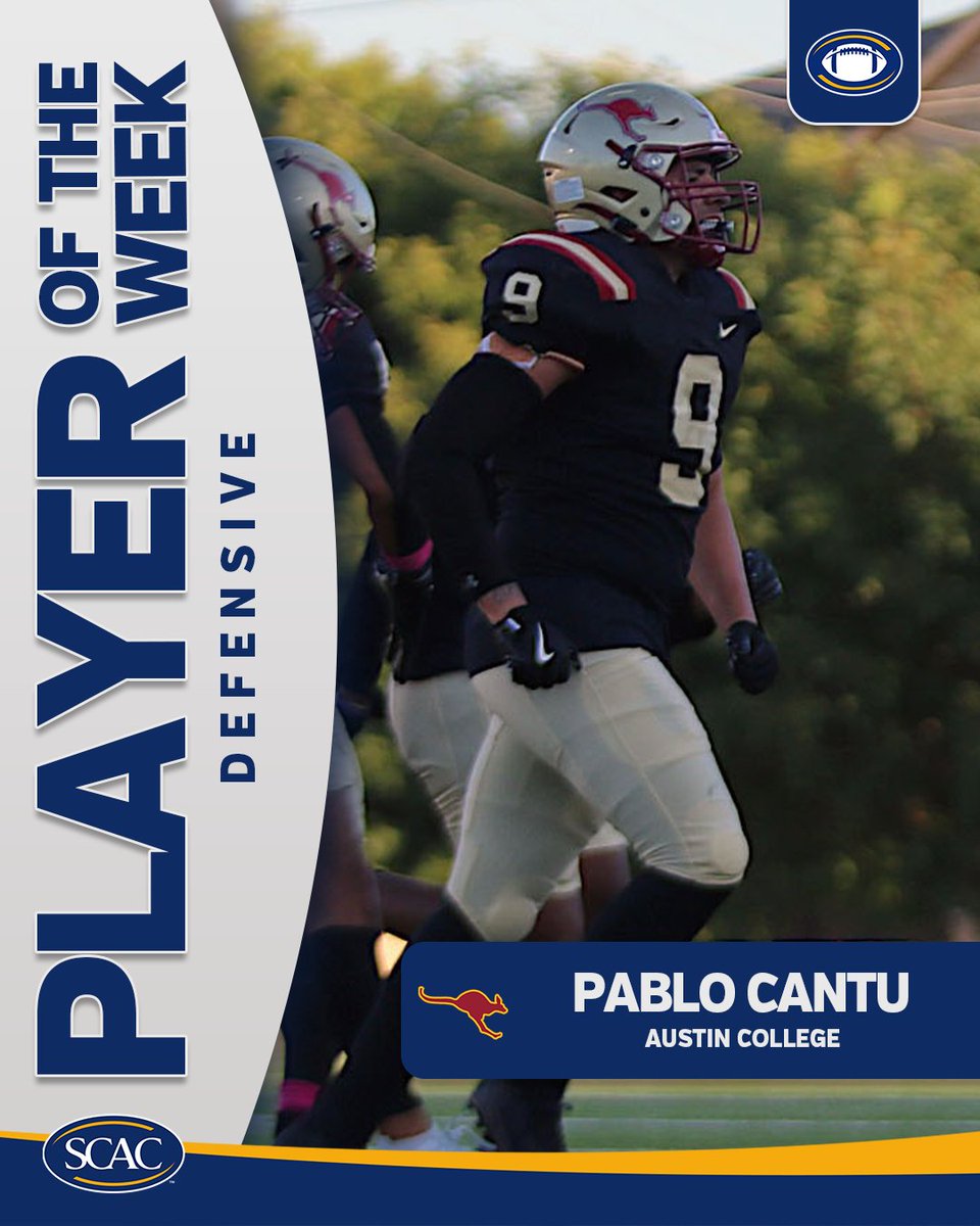 #SCACFB Week 5️⃣ Athletes of the Week

Pablo Cantu of Austin College earns SCAC Football Defensive Player of the Week!

📰 | scacsports.com/x/kf920

#SCACPride | #WhyD3 | #SCAC | #d3fb