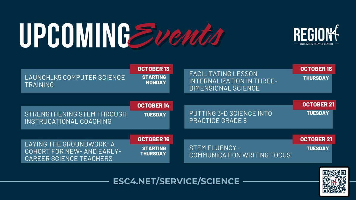 Region4Science's tweet photo. 🚨 Upcoming science + STEM PD!
From hands-on sessions to TEKS-aligned strategies, Region 4 has something for every educator.
📅 Don’t miss out: https://t.co/wgjvSmLxDg
#R4Science #TXed #STEMEd #ScienceTeachers #SciencePD https://t.co/plKvlsfu0O