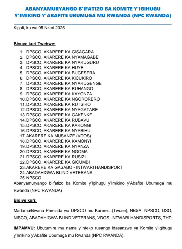 Abanyamuryango ba <a href="/npcrwanda/">Rwanda Paralympics</a>  batakarije ikizere Komite nyobozi yose ya NPC iyobowe na Bwana Murema Jean Baptiste,kuko  yarengeje manda ikanga no gutegura amatora,
Abanyamuryango bahise batumiza Inama yigitaraganya taliki ya 12/10/2025 <a href="/nmukazayire/">Nelly Mukazayire</a> <a href="/Rwanda_Sports/">Ministry of Sports|Rwanda</a> <a href="/RwandaLocalGov/">Ministry of Local Government | Rwanda</a>