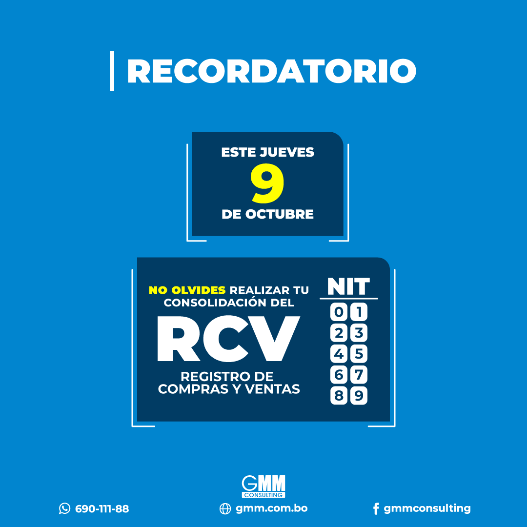 gmmconsulting's tweet photo. 📅 Te recordamos que el Jueves 09 es el
Vencimientos para el envió del #RCV #Septiembre2025
🔎 una cotización ✍️ 78007788

#gmm #siat #impuestos #impuestosNacionales #sin #IVA #IT #contador #contabilidad #GmmConsulting https://t.co/0Cv3kvCdaN
