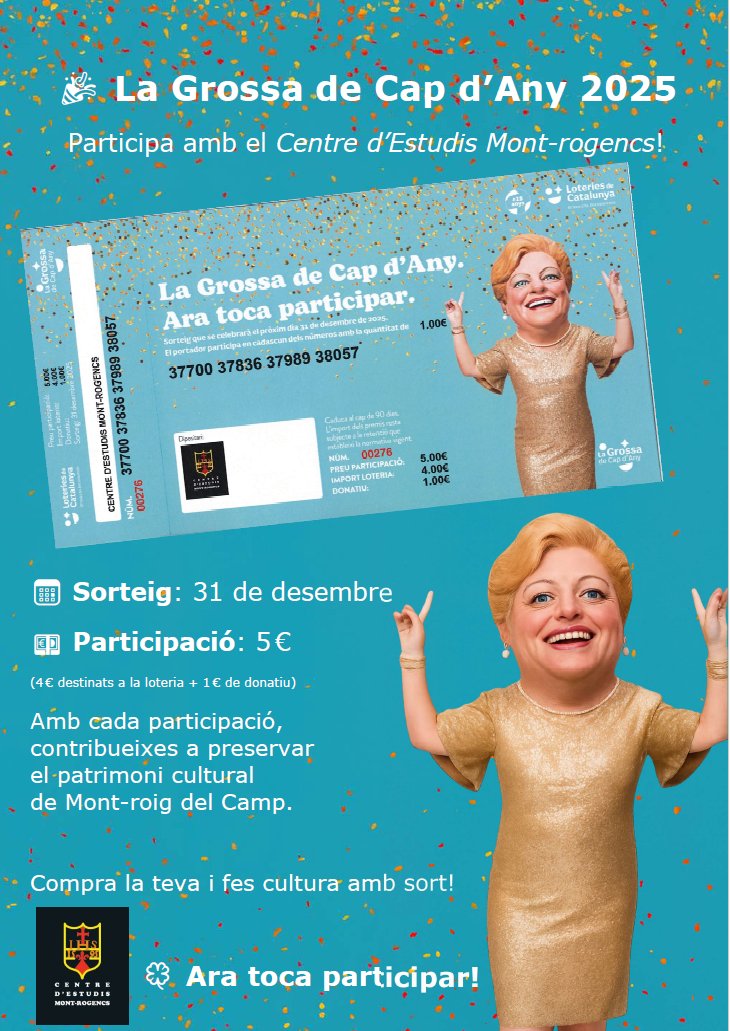 🎉 Ja pots comprar la teva participació de La Grossa de Cap d’Any! 
🎉 Amb el Centre d’Estudis Mont-rogencs, participa en el sorteig del 31 de desembre.
✨ No et quedis sense! Participa i col·labora amb una bona causa