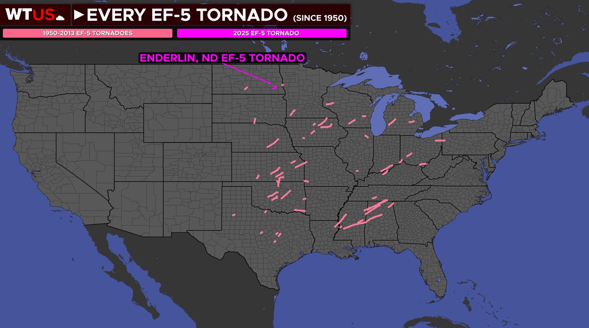 The United States now officially has 60 EF-5 tornadoes (since 1950), with the Enderlin, ND tornado from June 20, 2025, being the 60th EF-5 tornado.

The last EF-5 tornado before Enderlin was May 20, 2013 in Moore, OK, 12 years ago.