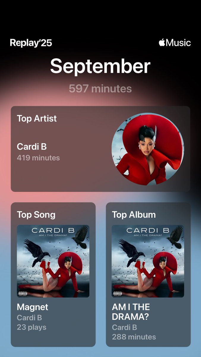 SlayVault's tweet photo. My Apple Music replay nothing but Cardi 🥶🥶🥶 Bardiiii https://t.co/dSsDfW3lVo
