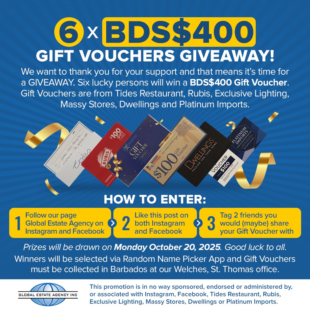 Be sure to visit our Instagram and Facebook pages soon for your chance to win😬

We are so grateful for all the referrals, repost, likes and shares. This giveaway is one of the many ways that we want to say thank you💙

Good luck to all😉

#barbados #giveaway #win #caribbean