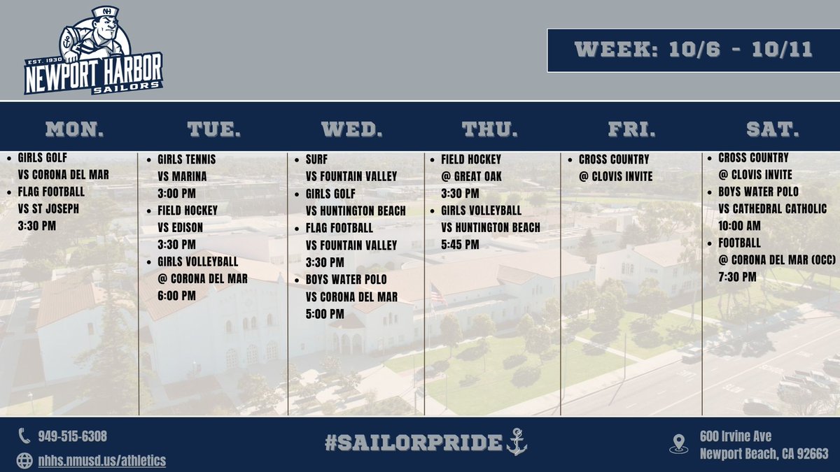NH_SailorSports's tweet photo. NHHS Varsity Athletic Contests
Week: 10/6 - 10/11
@mjszabo @AndrewTurnerTCN @OCSportsZone @ocvarsityguy @SteveFryer @latsondheimer
#SailorPride⚓️ https://t.co/BF8A3E0Rbg