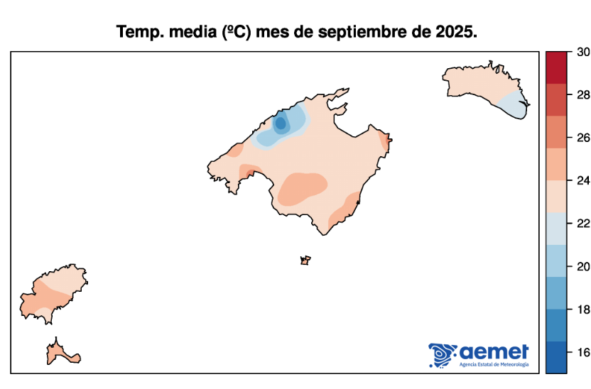 AEMET_Baleares's tweet image. Septiembre en #Baleares ha sido:
-Muy cálido, Tª media=23ºC, anomalía=1ºC.
-Cantidad de precipitación: seco en Menorca, normal en Mallorca, y muy húmedo en Pitiusas. 
-Récords: rachas de viento (May Me), lluvia en un día y en el mes, (Ib) 
 Más detalles: aemet.es/documentos/es/…