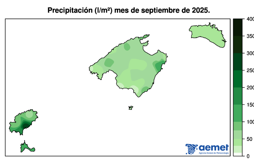 AEMET_Baleares's tweet image. Septiembre en #Baleares ha sido:
-Muy cálido, Tª media=23ºC, anomalía=1ºC.
-Cantidad de precipitación: seco en Menorca, normal en Mallorca, y muy húmedo en Pitiusas. 
-Récords: rachas de viento (May Me), lluvia en un día y en el mes, (Ib) 
 Más detalles: aemet.es/documentos/es/…