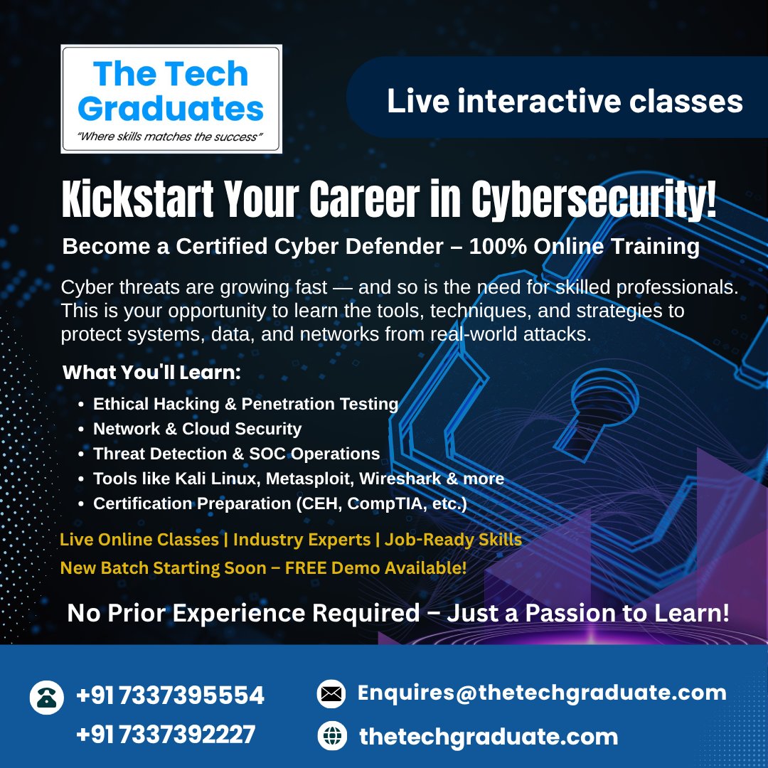theTechGraduate's tweet image. Kickstart Your Career in Cybersecurity! 
Protect the digital world and become a certified Cybersecurity Professional with our expert-led Online Training Course.
🎓 Industry-Relevant Skills | Certification
📅 New Batch Starting Soon
🎁 FREE Demo Session – Limited Spots Available!