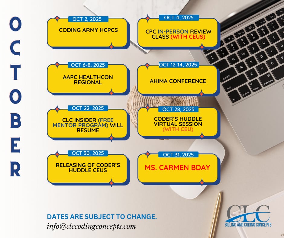 CLC_Concepts's tweet image. Fall is the perfect time to take the next step toward your Medical Coding certification! 🌟

Here are our class dates for October — choose the session that fits your schedule and get closer to becoming a certified professional coder.

👉 Get your Medical Coding certification now!