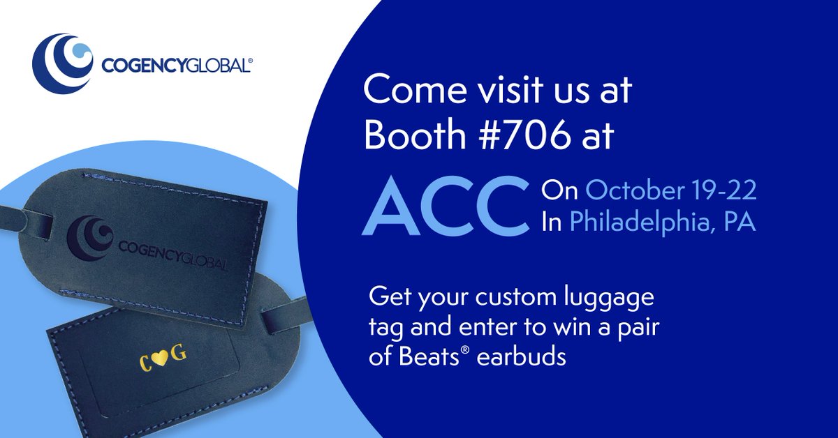 CogencyGlobal's tweet image. Headed to #ACC2025 in Philadelphia? 

Visit Cogency Global Booth #706 Oct 19-22. See Colleen DeVries’ live demos of Entity Central®, grab a personalized luggage tag or keychain, and enter to win Beats headphones!🎧

#CogencyGlobal #EntityManagement #Networking