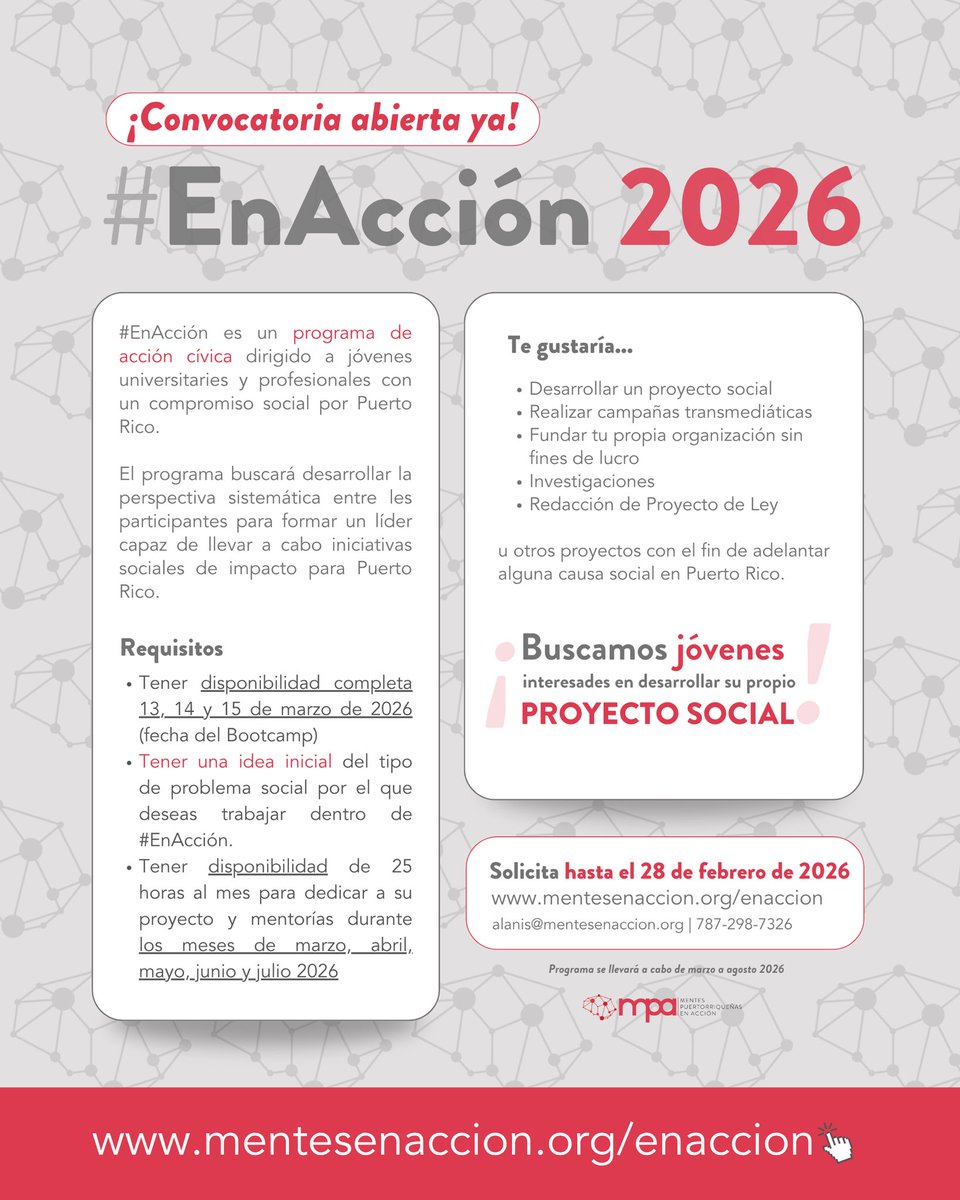 ¿Te quieres unir a una comunidad de jóvenes líderes comprometides con el 100x35 de PR? ¿Buscas ser parte de las juventudes que inciden en la #movilizaciónsocial de la educación, justicia social, inclusión, política pública y más?

Regístrate: us06web.zoom.us/meeting/regist…