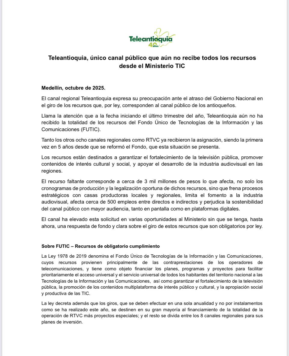 Teleantioquia's tweet photo. 🚨Atención: desde el canal de los antioqueños, expresamos nuestra preocupación al ser el único medio público que aún no recibe todos los recursos que para 2025 nos corresponden desde Mintic 🧵 https://t.co/pg85jOmdsT