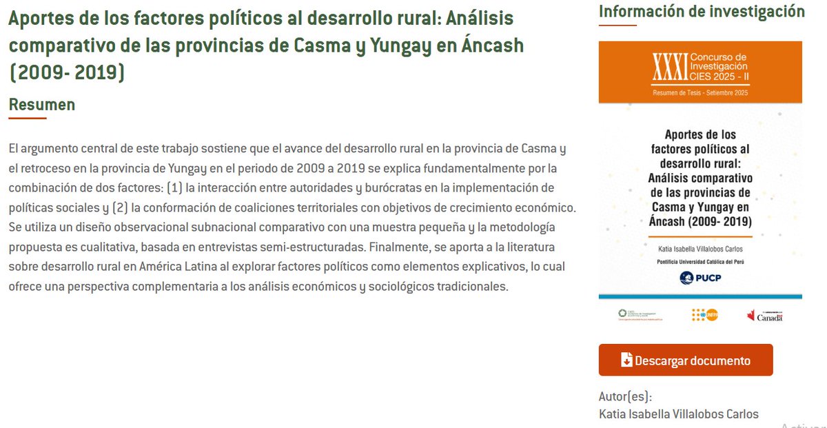 📑 #PublicacionesGIES

🎉 Felicitamos a nuestra investigadora <a href="/KatiaIVC/">Katia Villalobos</a> por la publicación de su resumen de tesis “Aportes de los factores políticos al desarrollo rural: Análisis comparativo de las provincias de Casma y Yungay en Áncash (2009- 2019) 🇵🇪”