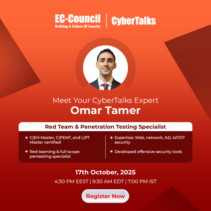 ECCOUNCIL's tweet photo. Join us on October 17 with Omar Tamer to explore how ethical hackers drive proactive security. 

Don’t miss the live IoT hacking demo and insights on the impact of Certified Ethical Hackers in today’s threat landscape. 

Register now:https://t.co/jDh9a9yJQX  

Omar is a red team and penetration testing specialist with extensive experience in conducting full-scope assessments across web, network, Active Directory, and OT/IoT environments. He holds multiple industry-recognized certifications (C|EH Master, C|PENT, LPT Master, eJPT, and PCEP) and has developed offensive security tools such as Packet-Whiz and OTSec. Ranked among the top globally on TryHackMe, Hack The Box, and CyberTalents, Omar is dedicated to advancing security research and aims to publish original zero-day vulnerabilities and CVEs.

#ECCouncil #Webinar #CEH #EthicalHacking #ProactiveSecurity #CybersecurityAwareness #IoTSecurity #CybersecurityAwarenessMonth