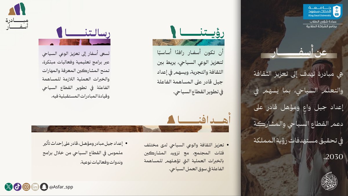 من عمــق التجربـة وروح الابداع، تنطلـق أسفــار برؤيـة طموحـة ورسالـة واضحـة، وهدف سـام لتُسهـم في إعداد جيـل مبـادر ومؤهـل…
هنا نسـرد البدايـة نحـو سياحـة تصنع المستقبـل 💫

#أسفــار_حكاية_سعودية 
#شراكة_تُلهم_وتمكّن