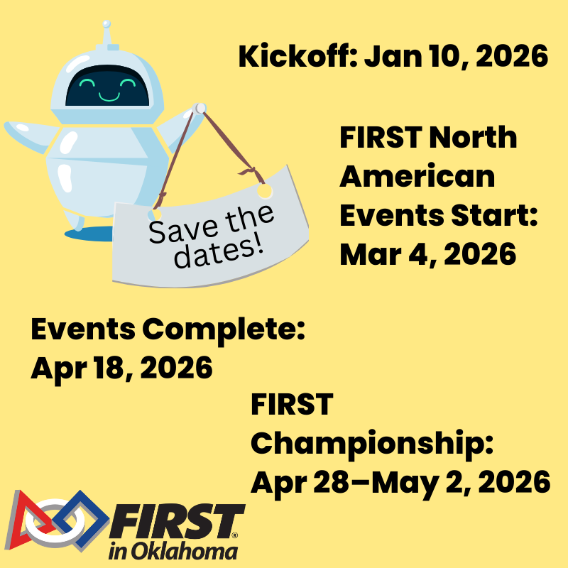 📆Save the dates for the 2026 FIRST Robotics Competition season!
From Kickoff to Championship, it’s going to be an unforgettable journey.

📆Kickoff: Jan 10, 2026
📆FIRST North American Events: Mar 4, 2026
📆Events Complete: Apr 18, 2026
📆FIRST Championship: Apr 28–May 2, 2026