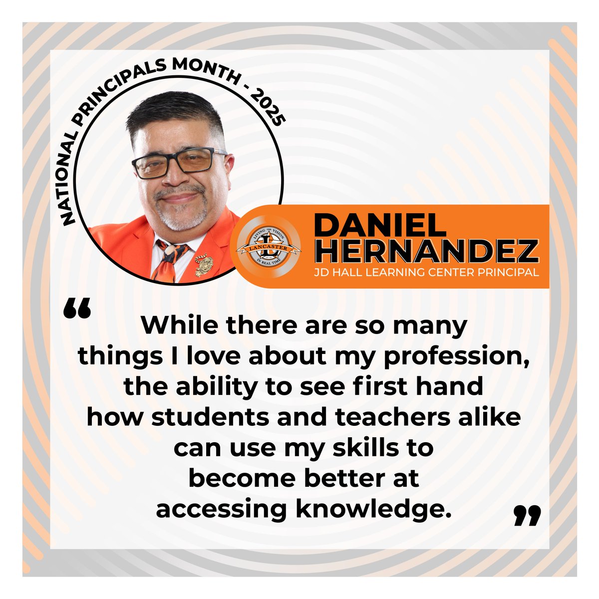 LancasterISD's tweet image. 🙌 Our next #NationalPrincipalsMonth spotlight is on Daniel Hernandez, principal of @JDHallLIS! ✨

Principal Hernandez leads with humility, compassion, and dedication, always putting students and staff first. 💛

Thank you, Principal Hernandez! 🍎
#LearnLeadRoar #ThankAPrincipal