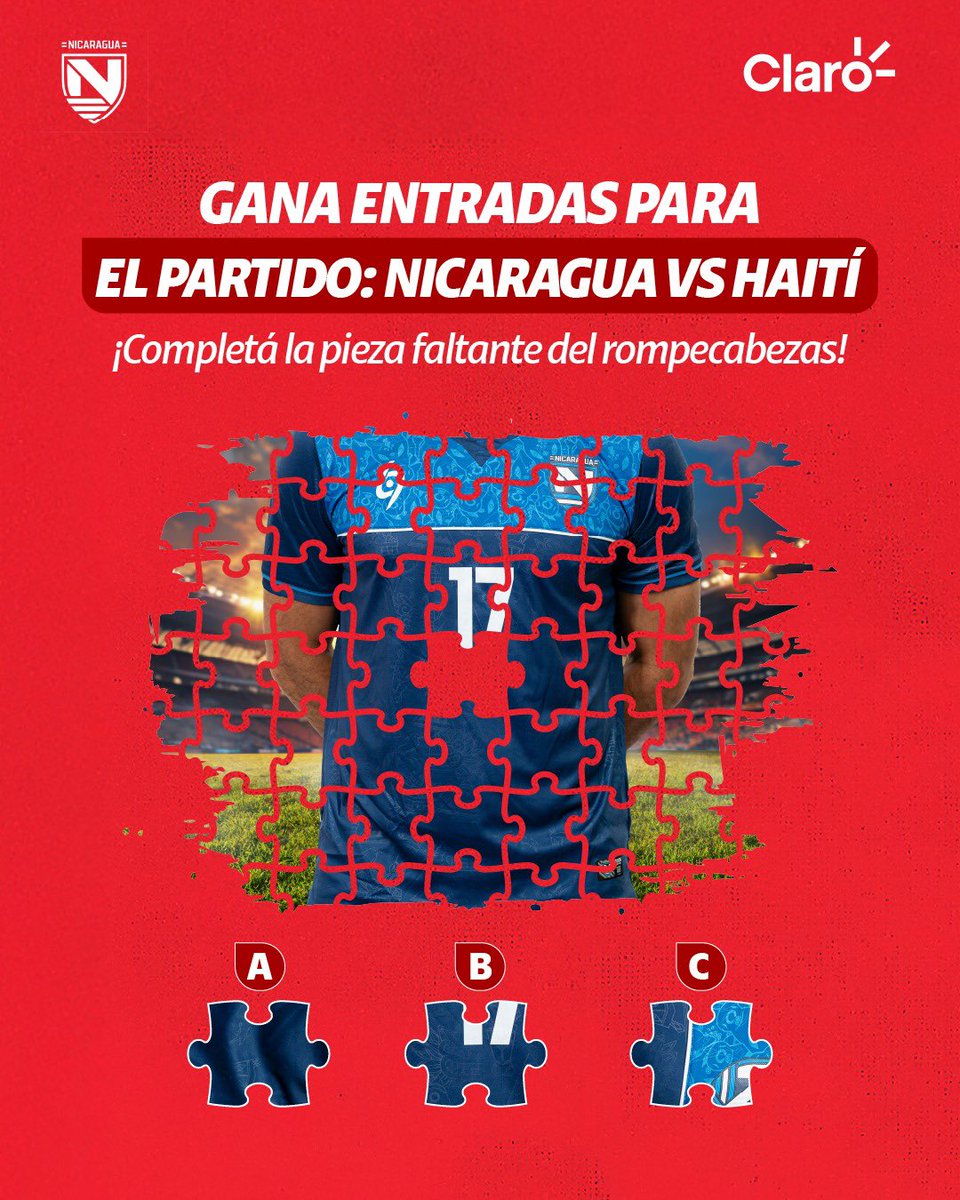 ¡Atención Fanáticos de la Selección!📣✨

¿Querés ganar entradas para el partidazo Nicaragua vs Haití?⚽🔥 Demostrá que sos un crack y completá la pieza faltante del rompecabezas. 🧩👉

Seguí estos 3 pasos para participar: