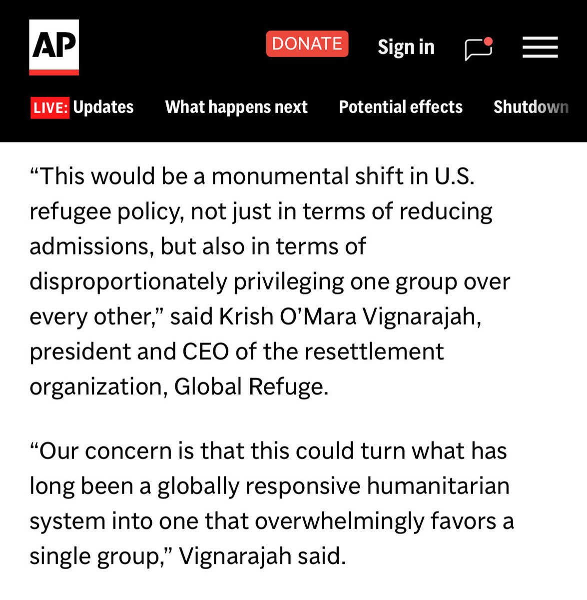 NEW: <a href="/AP/">The Associated Press</a> reports Trump will set an all-time low refugee cap of just 7,500 in FY 2026.

<a href="/KrishVignarajah/">Krish O'Mara Vignarajah</a> of national refugee resettlement leader <a href="/GlobalRefuge/">Global Refuge</a> reacts to this unprecedented abdication of US humanitarian leadership.

apnews.com/article/trump-…