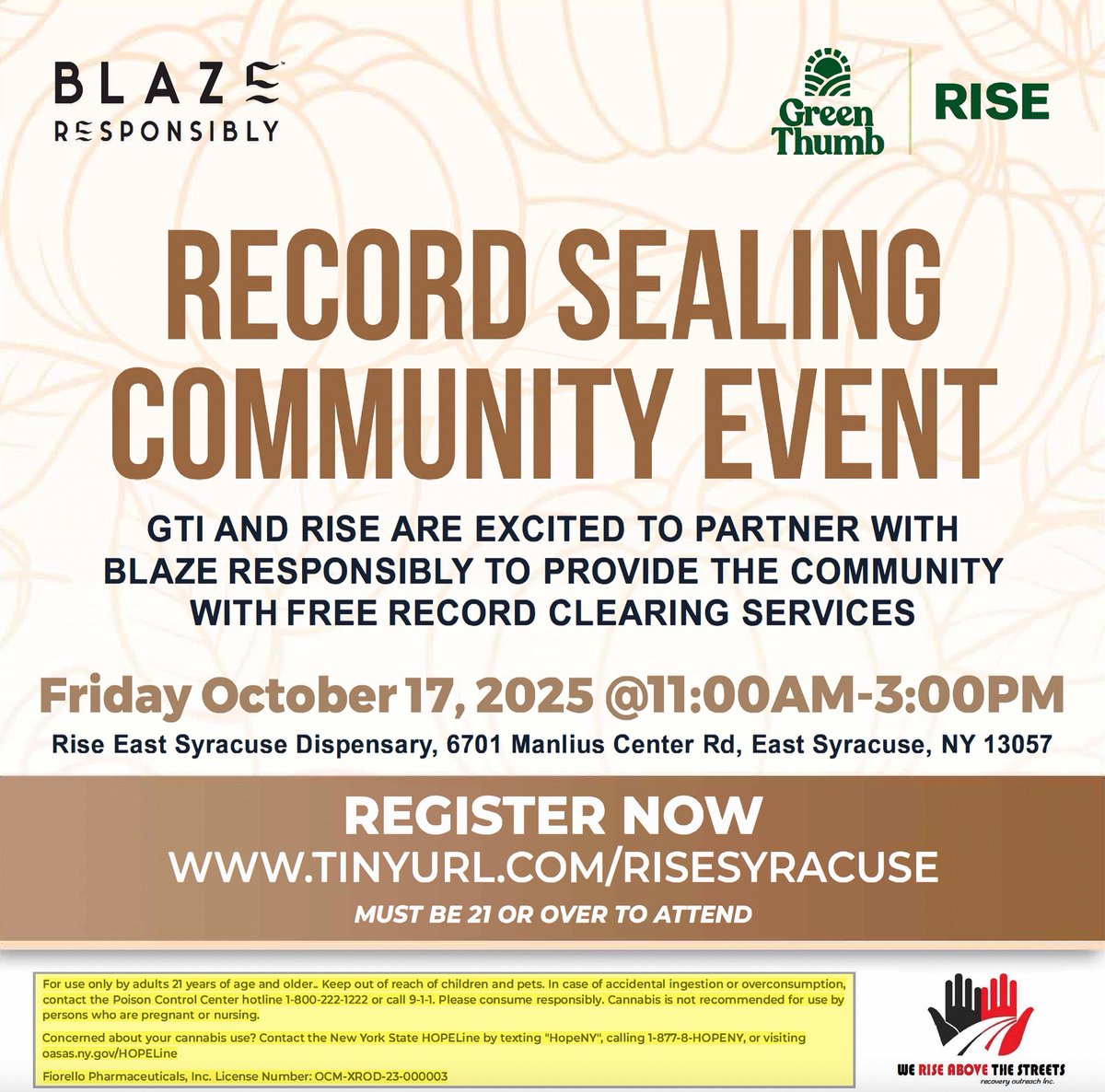 ✨Hello Syracuse! We’re bringing our record clearing services to you thanks to our partners at <a href="/GTIGrows/">Green Thumb Industries (GTI)</a> ✨

When: October 17th, 11AM-3PM
Where: RISE Dispensary, East Syracuse, #NewYork 

Sign up now at the link in flyer ✅

Blaze Responsibly™️

#blazeresponsibly #secondchances