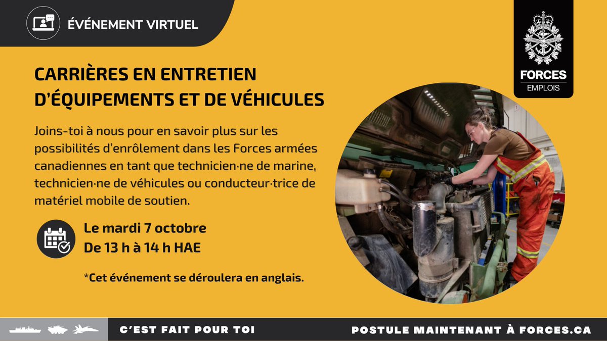 ForcesCanada's tweet image. Joins-toi à notre webinaire pour parler à notre équipe de recrutement et découvrir comment t’enrôler dans les FAC comme technicien·ne de marine, technicien·ne de véhicules ou conducteur·trice de matériel mobile de soutien. Inscris-toi ici : forces.ca/fr/events-fr/#…