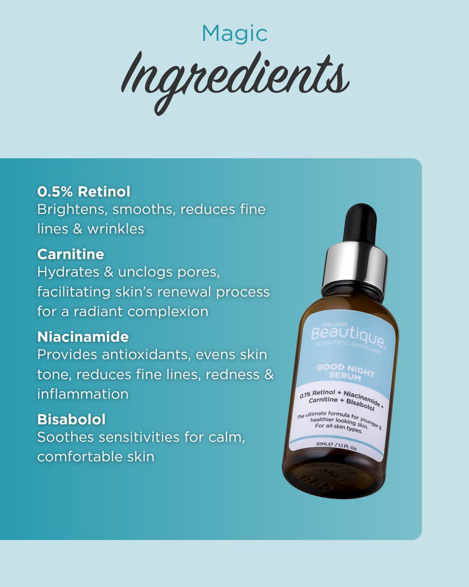 Results so good, they feel like magic! ✨
Meet your skin’s new night-time potion: our Good Night Retinol Serum 🌙💫
With 0.5% Retinol, it’s the perfect way to start your retinoid journey: gentle, effective, and suitable for all skin types. #TheLaserBeautique #SkinGoals