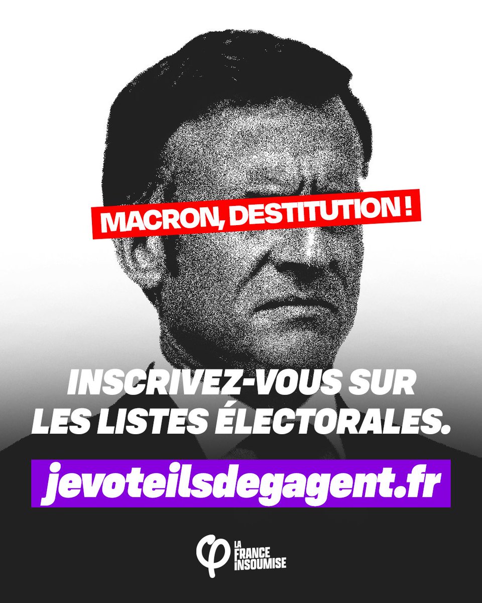 FranceInsoumise's tweet image. Plus que jamais, nous réclamons la destitution de Macron.

Ne les laissons pas décider à notre place.

Vérifiez votre situation électorale sur : jevoteilsdegagent.fr