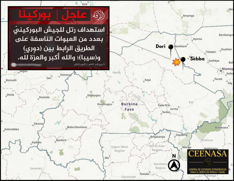 Centre498274's tweet photo. #BURKINAFASO 🇧🇫 

On Oct 3, the #JNIM claimed to have targeted a Burkinabe army convoy with an IED on the road between #Sebba and #Dori https://t.co/z1DIsQKHfM