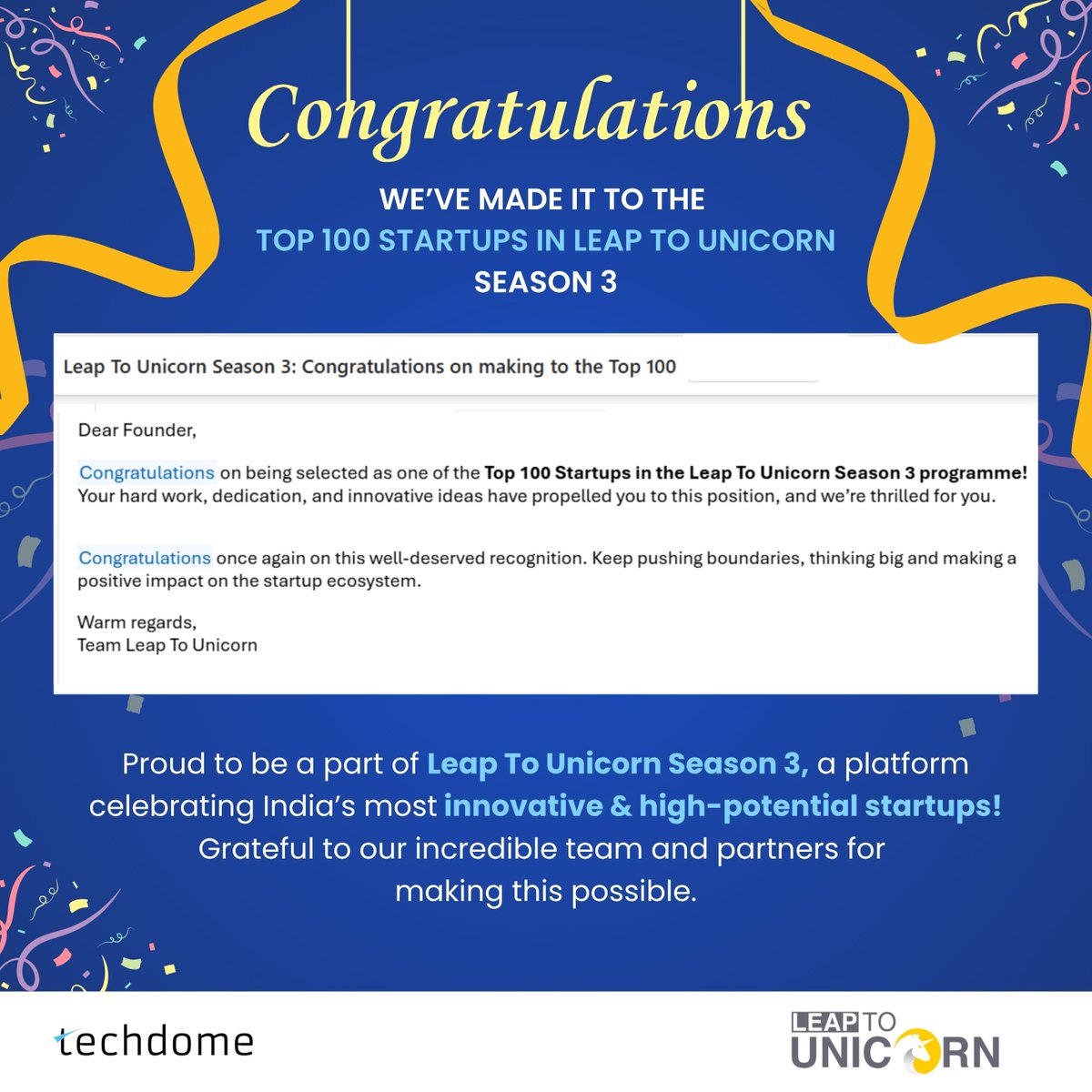 techdomesolves's tweet image. We’re excited to share that Techdome has made it to the Top 100 Startups in Leap To Unicorn Season 3! 🚀

But this is just the beginning — we’re one step ahead and ready to take on the next phase of the Leap To Unicorn journey!✨

@RahulJoshi2910 @gauravc12 

#Techdome…