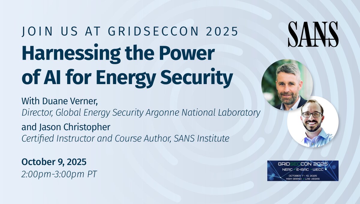 SANSInstitute's tweet image. This week at #GridSecCon2025: SANS experts lead sessions on resilience, evolving ICS/OT security trends, and AI for energy defense — featuring @jdchristopher, SANS Certified Instructor &amp;amp; Course Author.

🔗 Explore agenda → web.cvent.com/event/265526a3…