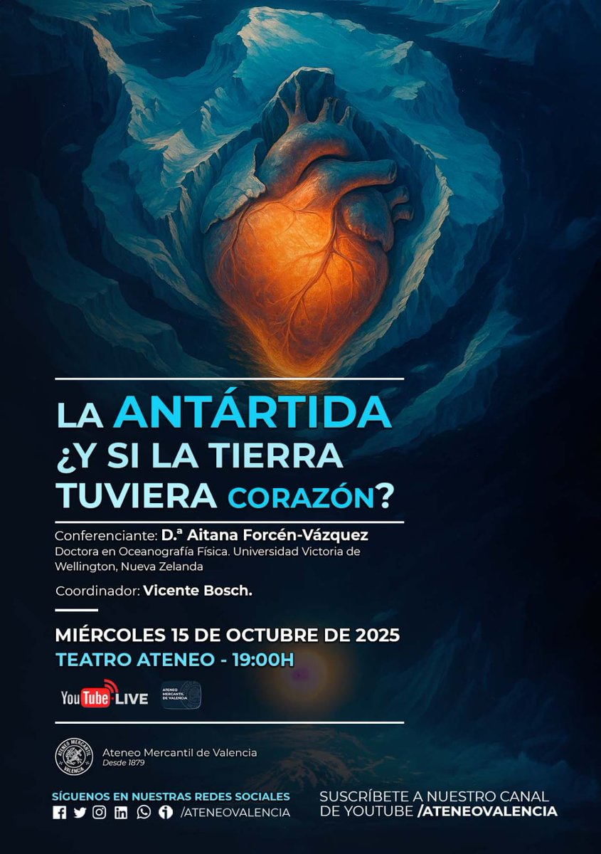 GeomaticaUPV's tweet image. El próximo 15 de octubre de 2025 tendrá lugar la conferencia &quot;La Antártida ¿Y si la tierra tuviera corazón?&quot; impartida por la Doctora Aitana Forcén Vázquez en el Ateneo Mercantil de València. Si os gusta la ciencia, la naturaleza y la exploración no os la podéis perder.