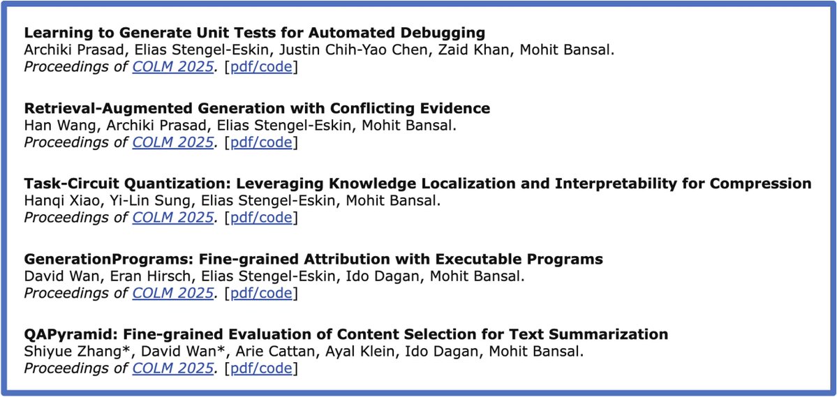 mohitban47's tweet image. 🚨 Check out our awesome students/postdocs&apos; papers at #COLM2025 and say hi to them (several are on the job market or hiring) --&amp;gt;

-- Archiki, David are on the post-PhD job market!
-- Elias finished his postdoc &amp;amp; is now faculty at UT-Austin CS and looking to admit PhD students!…