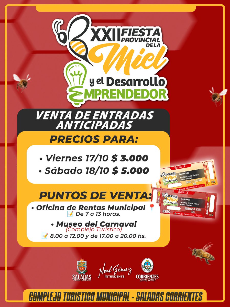 fiestadelamiel's tweet photo. Avanza la venta de anticipadas para la fiesta más dulce del año 🍯🐝💡

Ahora en dos puntos de la ciudad, podrás adquirir las entradas con precios módicos para toda la familia y los turistas que nos visitan siempre 🙌

Te esperamos en Rentas Municipal o en el Museo del Carnaval📍 https://t.co/mPyFKJcBgg