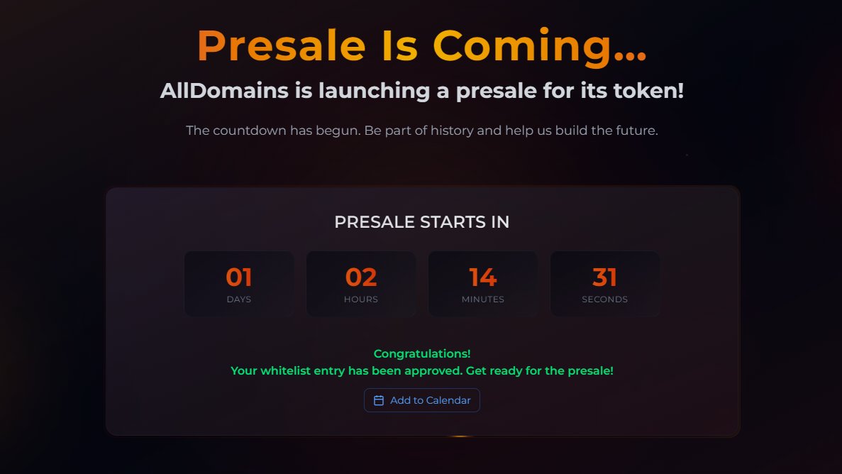 The <a href="/alldomains/"></a> presale will begin very soon. Check whether you’re on the whitelist — I’ve got confirmation. I recommend turning on notifications so you don’t miss it. Good luck to everyone!🚀