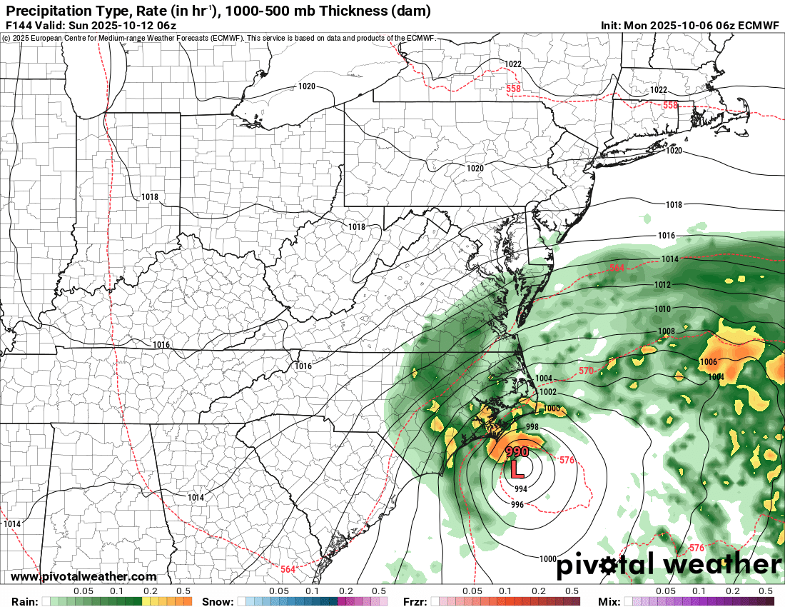 SCweather_wx's tweet photo. Tropical or not, that is one heck of a storm potential brewing off the coast of the Carolinas. Everyone up the Eastern coastline needs to watch this one. 

Latest 06z Euro below showing a 990 mb low & the storm is still going. Expect this to become a bigger weather topic over the next 24 hours if trends continue. This could cause issues for the Outer banks this weekend.. but could also bring widespread impacts further North up the coast.