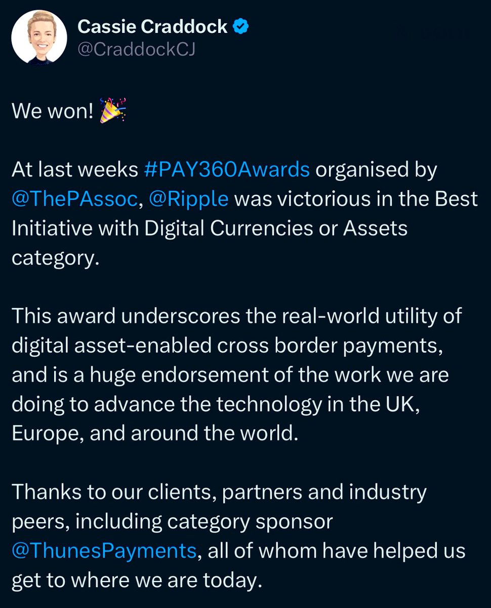 RIPPLE EUROPE DIRECTOR SAID HOW THEY “WON“ FOR THE BEST INITIATIVE WITH DIGITAL CURRENCIES OR ASSETS CATEGORY!!

REWARD IS BASED ON (REAL WORLD) UTILITY OF DIGITAL ASSET- ENABLED CROSS BORDER PAYMENTS! THANKING THEIR PARTNER THUNES WHO JUST LINKED WITH SWIFT AND 11k BANKS! 

$XRP
