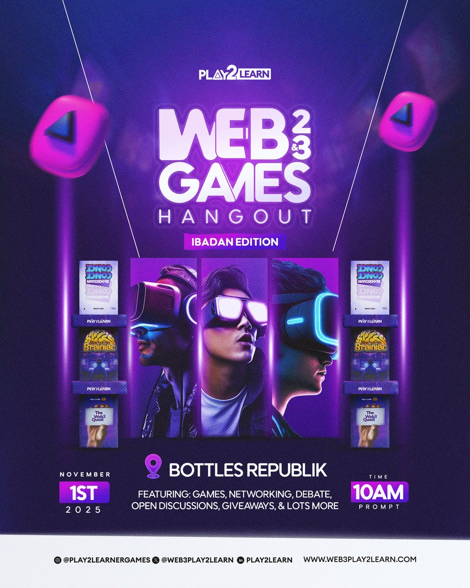 Web3Play2Learn's tweet photo. Ibadan, this November! ๐๐ฅณ
We are bringing the fun and heat to you on the 1st of November. Crypto gaming and education at its finest.
Register now for free here https://t.co/iWEGhIowWU
#Play2Learnibadan #P2Libadan #Play2Learnevent https://t.co/dZ9i7YY2PW