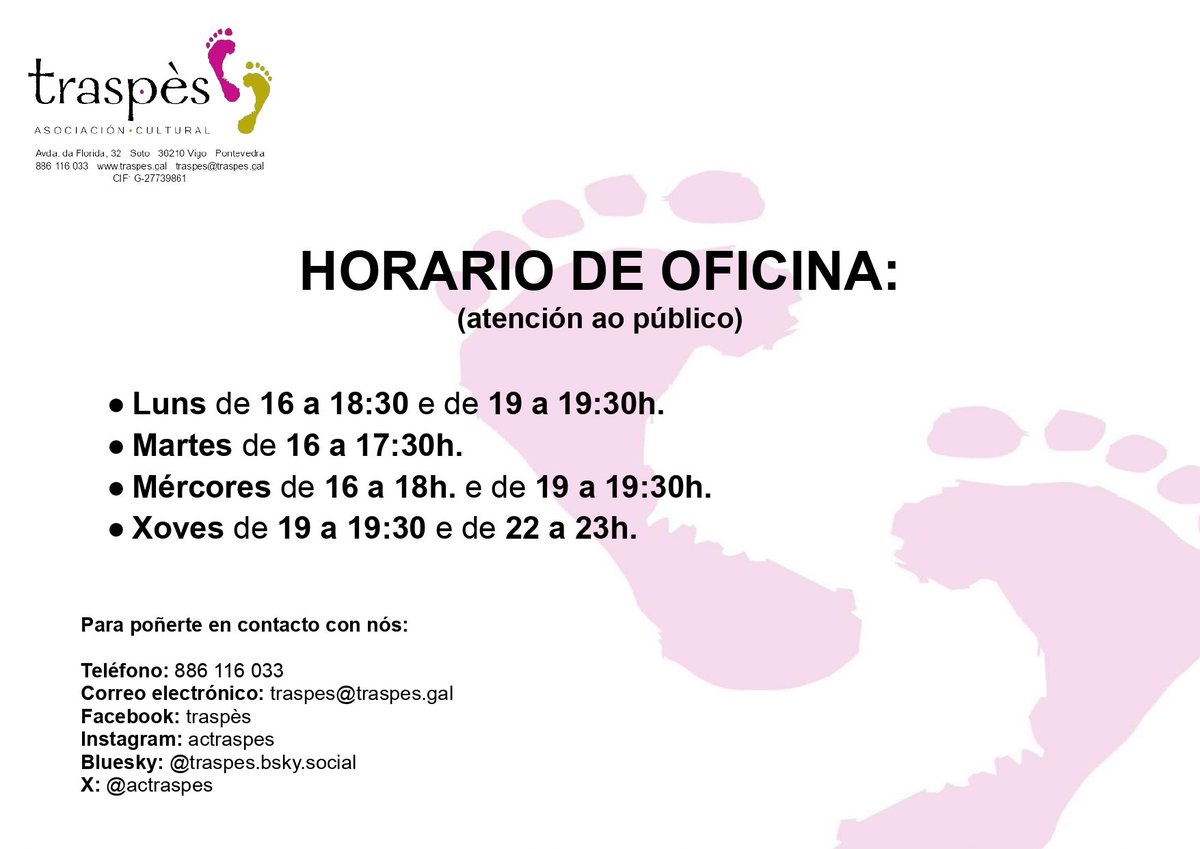 Horario de atención ao público neste curso 25-26 👣
.
#traspés #traspès #escolatraspés #vigo