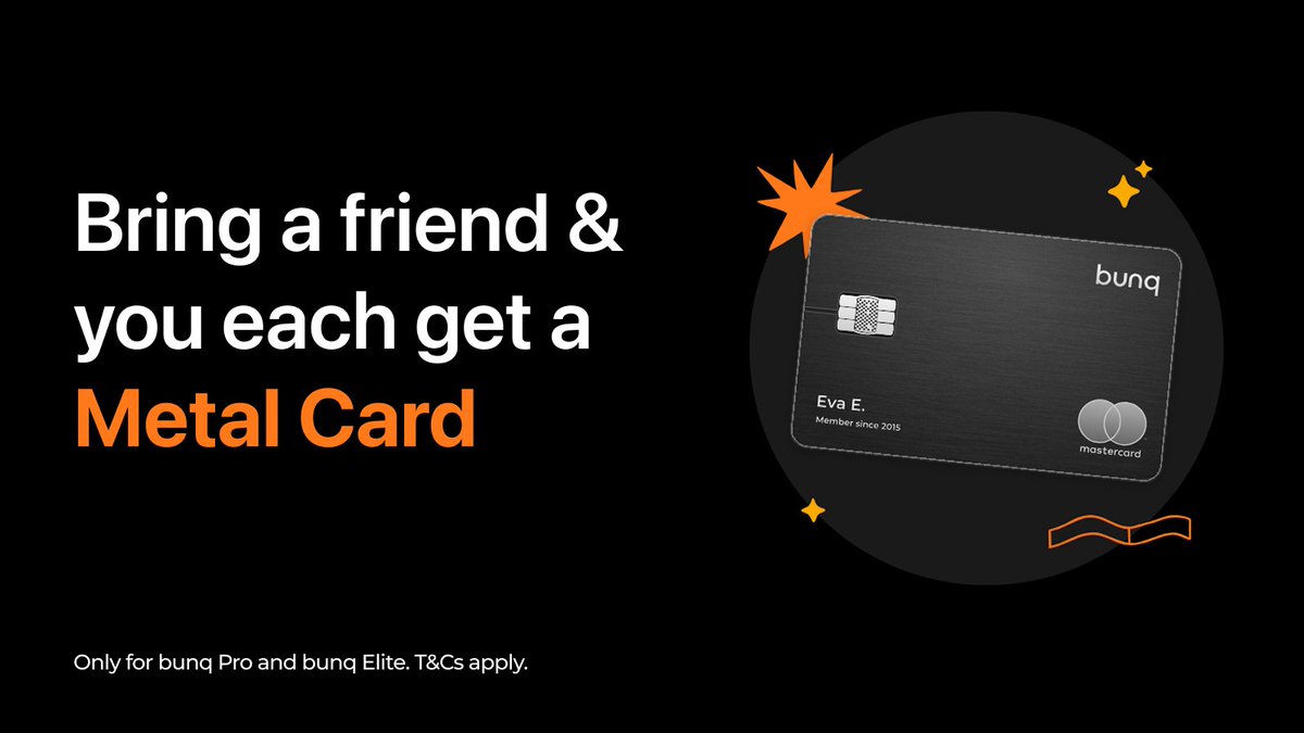 bunq's tweet image. Unlock a free Metal Card when you invite a friend from your Cards Tab ✨

When they spend €50 with their bunq card at once, you both get a free Metal Card.

🔥 Premium rewards for simple referrals.

*Only for bunq Pro and bunq Elite.

#referrals #rewards