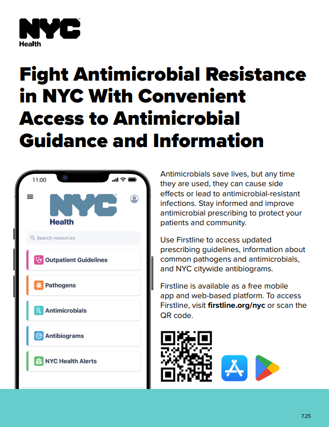 NYCHealthCMO's tweet photo. Providers: Have you heard of the Firstline app? You can get free access to updated prescribing guidelines, information about common pathogens, and NYC citywide antibiograms. Enroll now: https://t.co/jDESDRMSpr https://t.co/DYsh2ATwkz