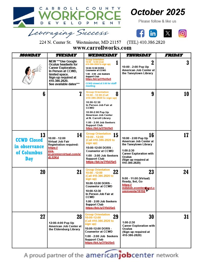 The new Employment Event calendar for Carroll County Workforce Development is available for October 2025. 

Check out the workshops, job fairs, and Job Club meetings offered this month!

Link: carrollworks.com/calendar/