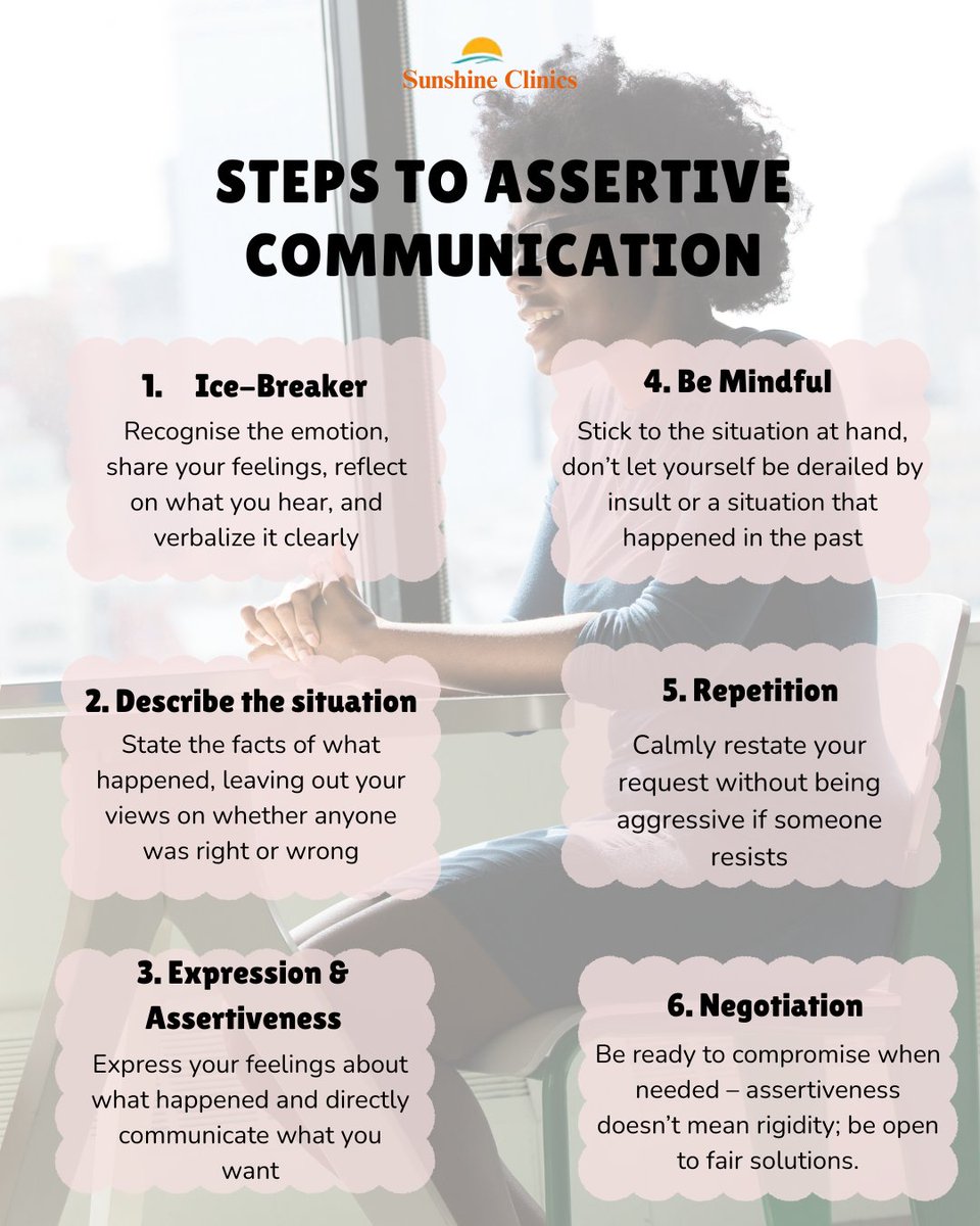 Sun_Therapist's tweet image. Assertive communication helps you express your thoughts clearly, respect others’ boundaries, and stand your ground without guilt. It’s not about being louder — it’s about being heard with respect. 

#AssertiveCommunication 
#ConfidenceBuilding 
#MentalWellness
 #HealthyBoundaries