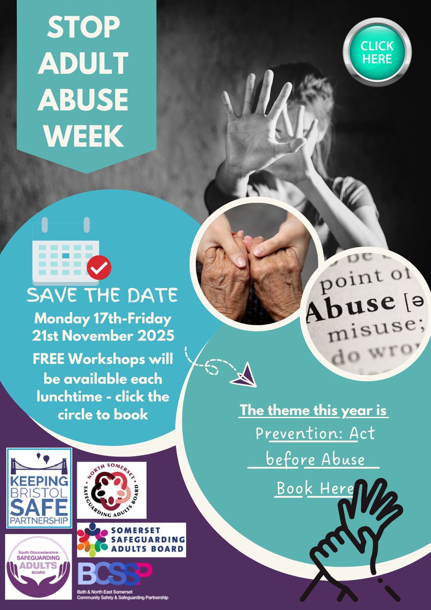 It's nearly Stop Adult Abuse Week. There are FREE sessions available to support professionals and community members to strengthen safeguarding knowledge.

View all events and book your place: tickettailor.com/events/southgl…

#StopAdultAbuseWeek #SafeguardingAdults #Bristol