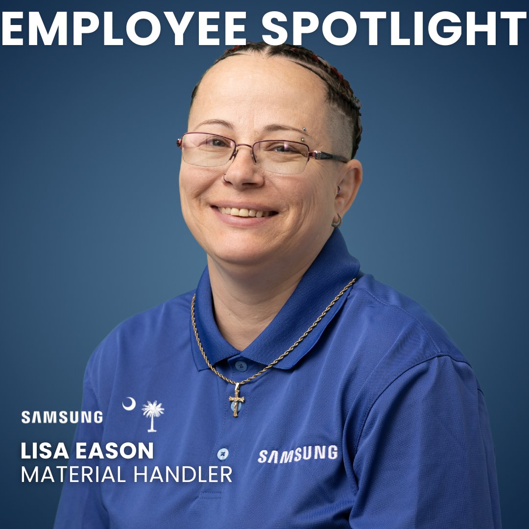 We’re proud to have Lisa Eason on our logistics team! As a Material Handler, she manages all inventory and shipments to ensure our daily operations run efficiently. Thank you for all you do! #employeespotlight #newberry #samsungsc