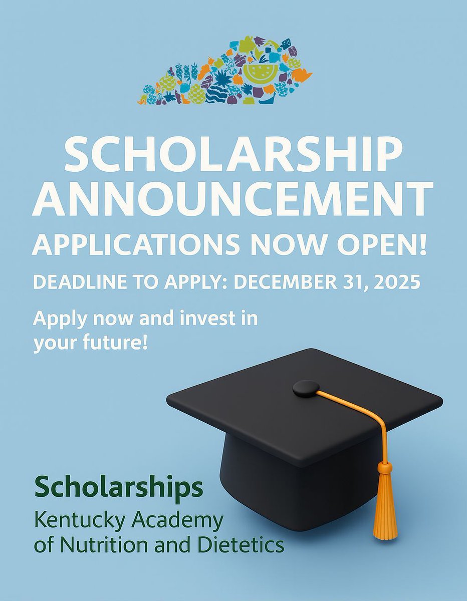 🎓 Scholarship Alert! Applications are now OPEN for the Kentucky Academy of Nutrition and Dietetics Scholarship! 📅 Deadline: December 31, 2025 ✅ Apply now and invest in your future 🔗 Link in bio or visit buff.ly/sIvAwit #KANDScholarships #FutureDietitians