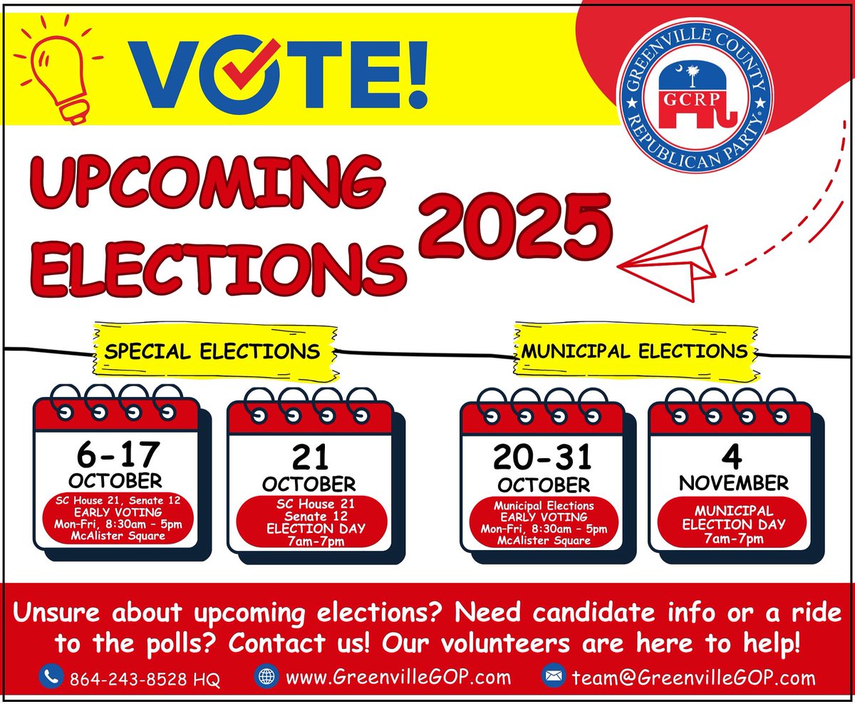 GreenvilleGOPx's tweet image. 🚨 SPECIAL ELECTION early voting for House 21 and Senate 12 starts TODAY! 🗳️

This comes after @BobbyCoxSC &amp;amp; @RogerNutt resigned —so now is your chance to help fill those seats. Make your voice heard— #GOTV #SCVotes

☎️ 864-243-8528 #GreenvilleGOP HQ
📧 team@GreenvilleGOP.com